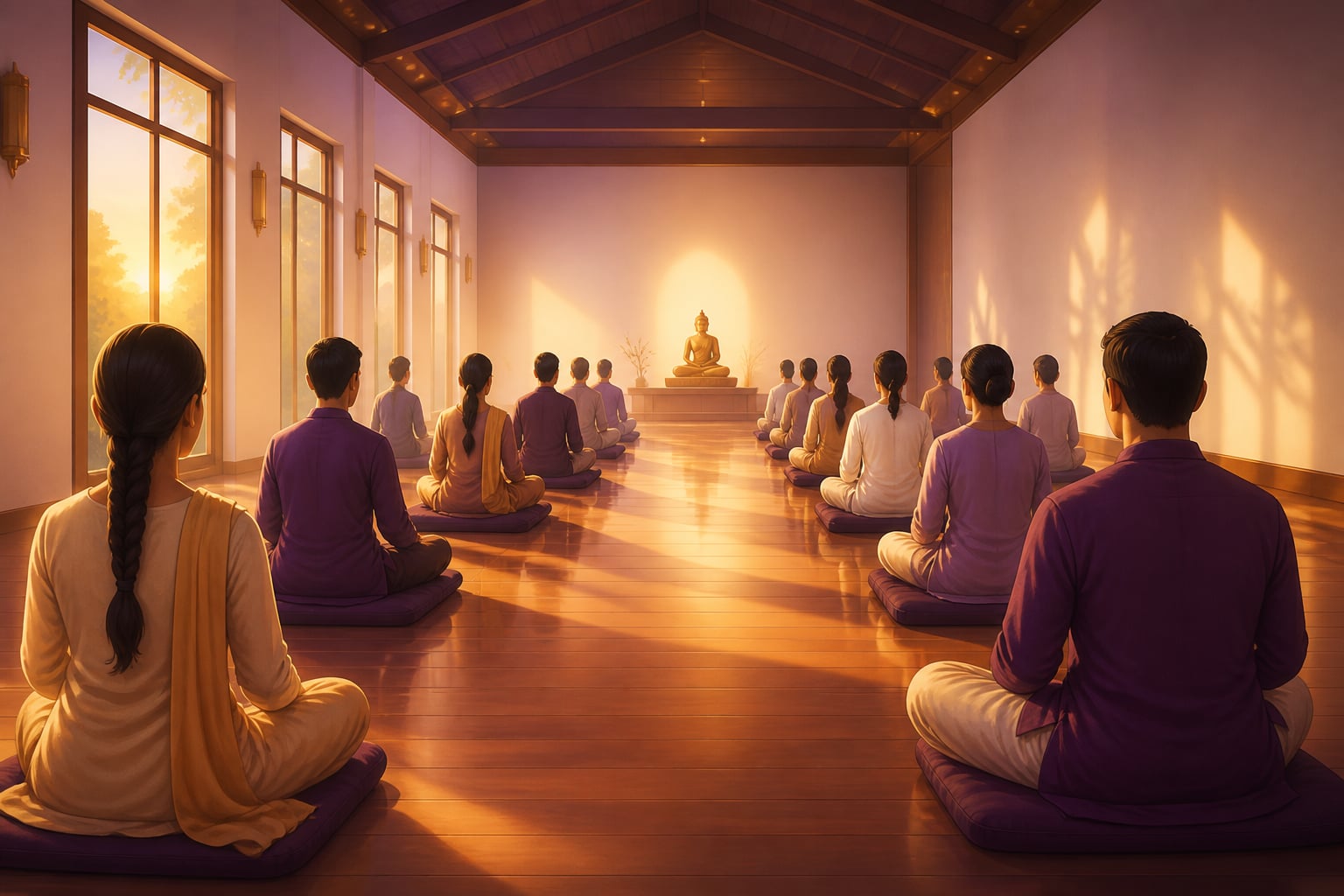 A modern Vipassana meditation hall at dawn in deep silence