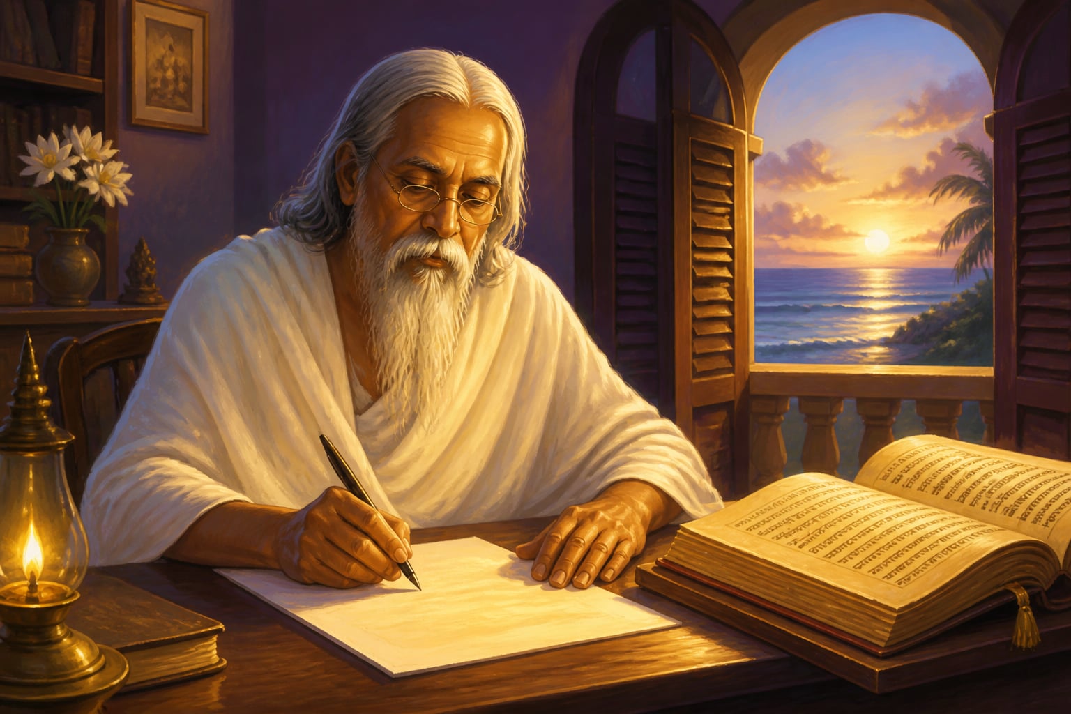 Sri Aurobindo composing The Secret of the Veda in his Pondicherry study