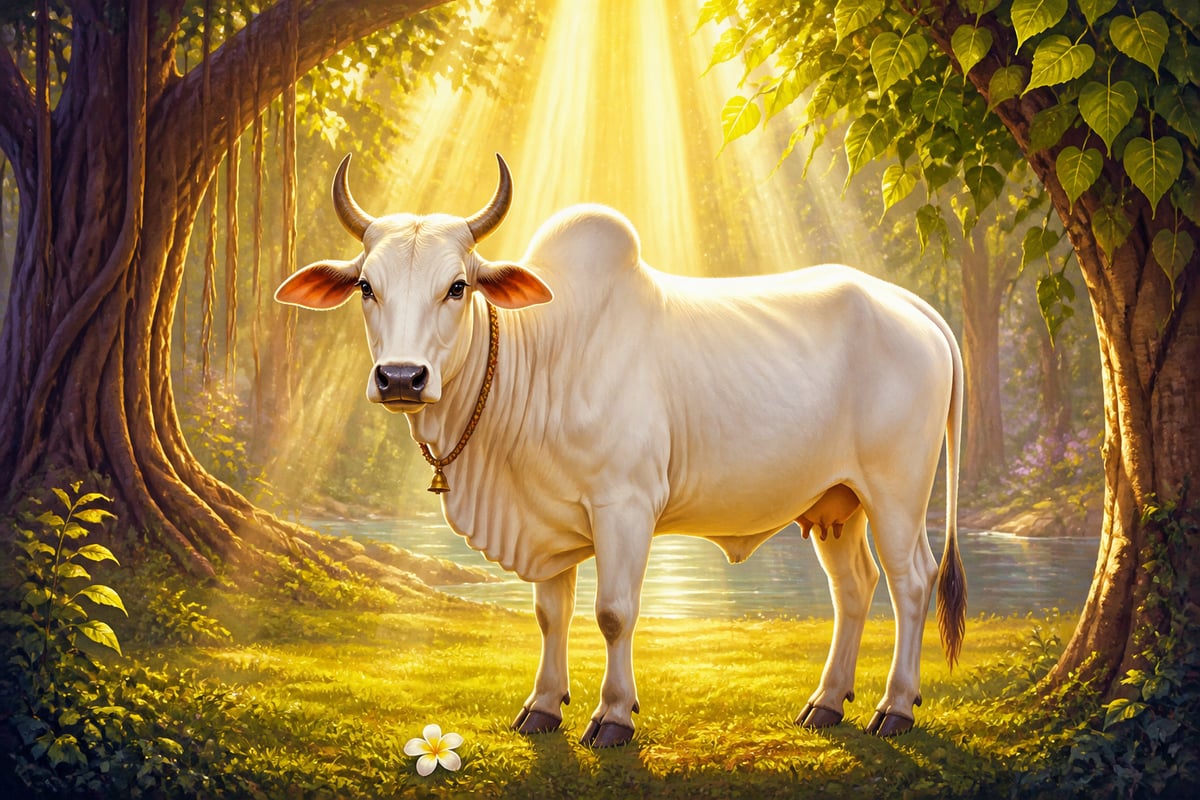 A sacred cow bathed in rays of light, the double meaning of go
