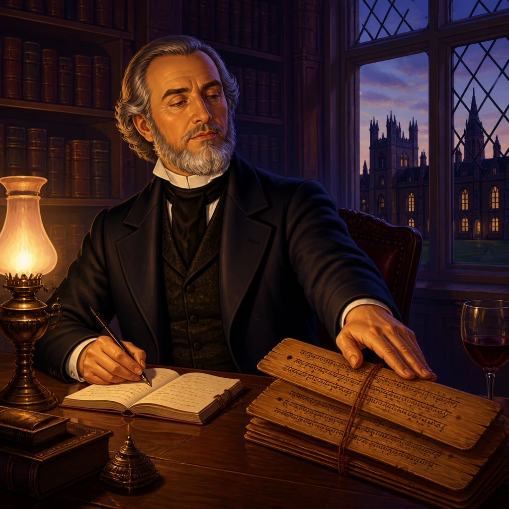 Max Muller reading Sanskrit manuscripts at Oxford
