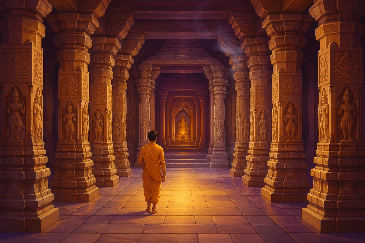 A pilgrim walking down the temple's central aisle toward the garbhagriha