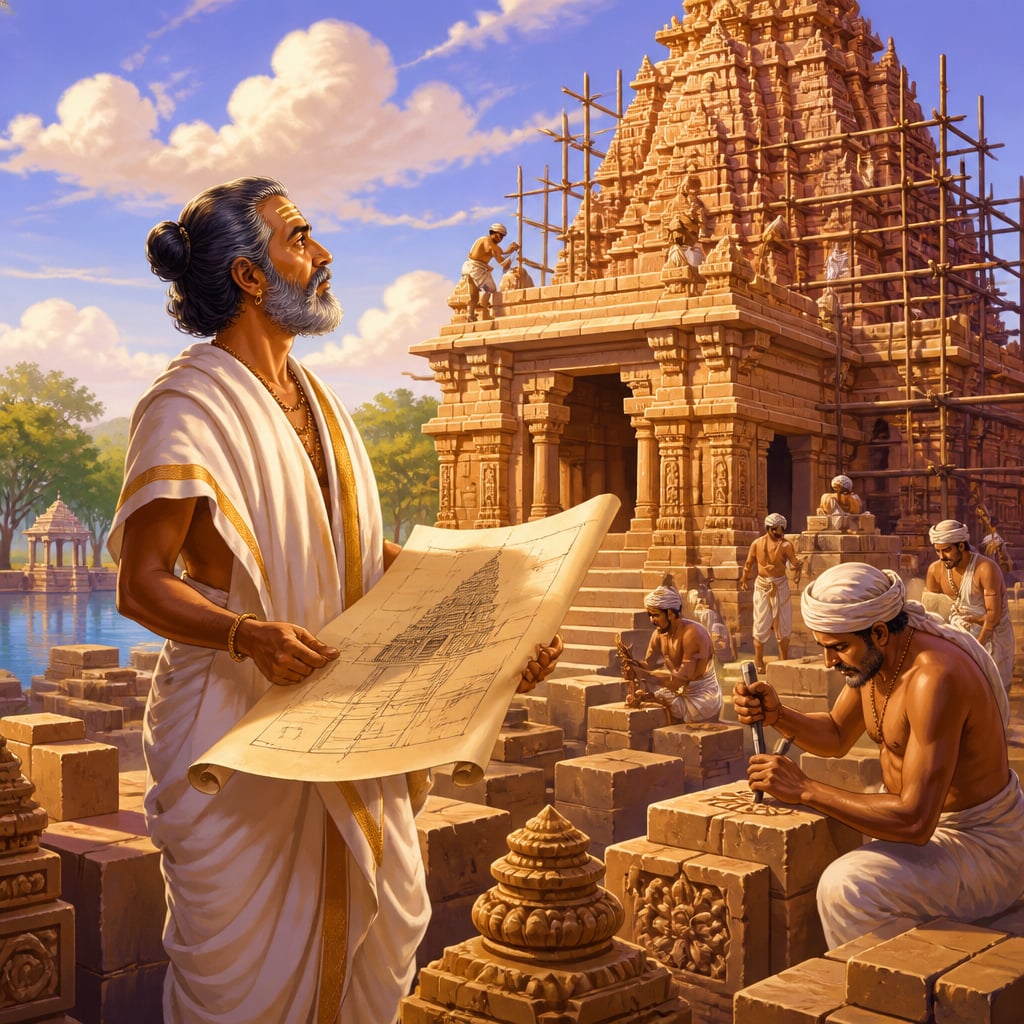 A temple architect studying blueprints at Thanjavur