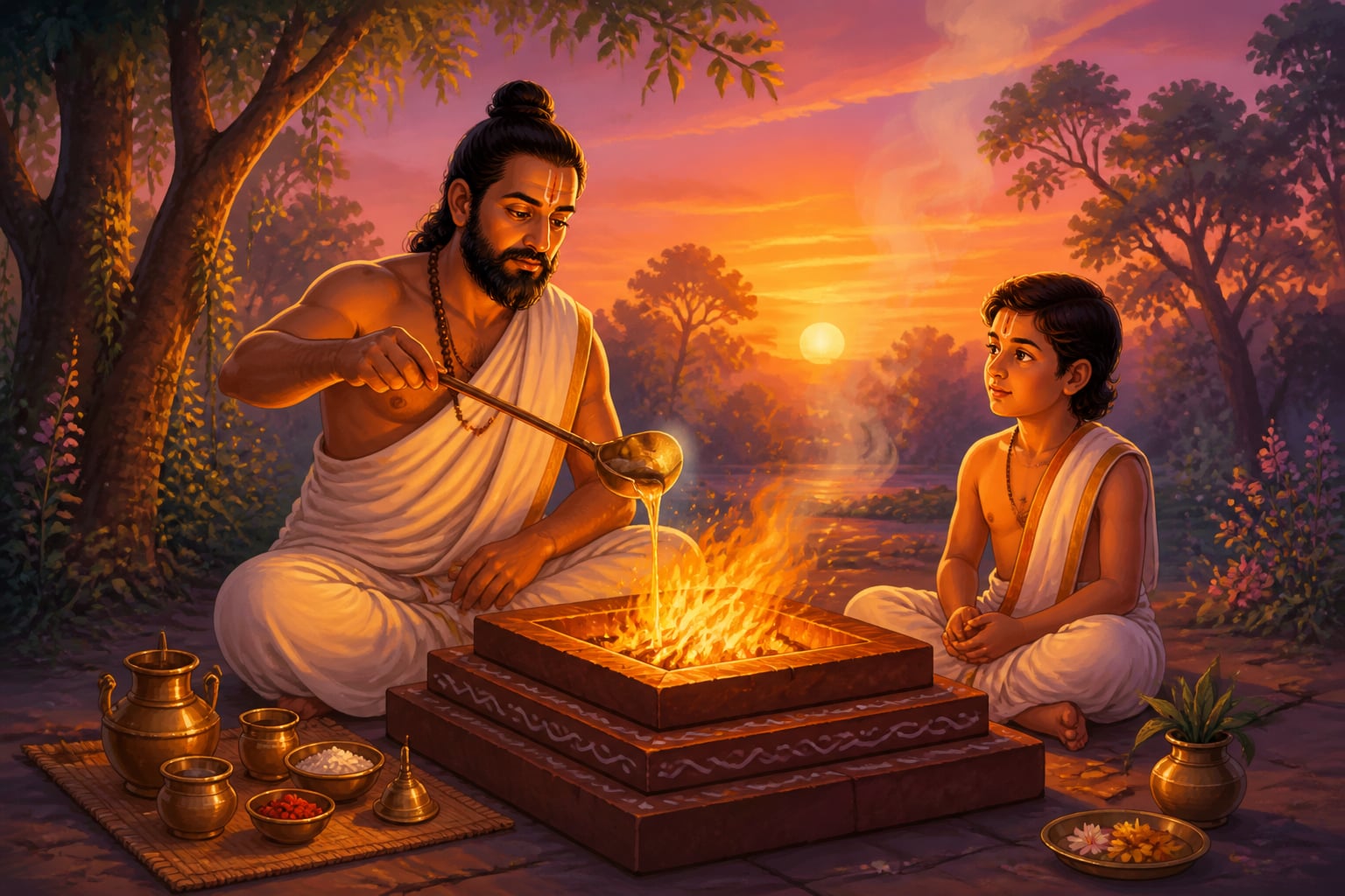 A Vedic priest pouring an oblation while a young student observes