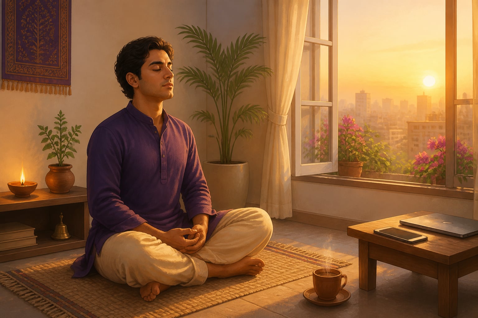 The same young professional now seated in dawn meditation