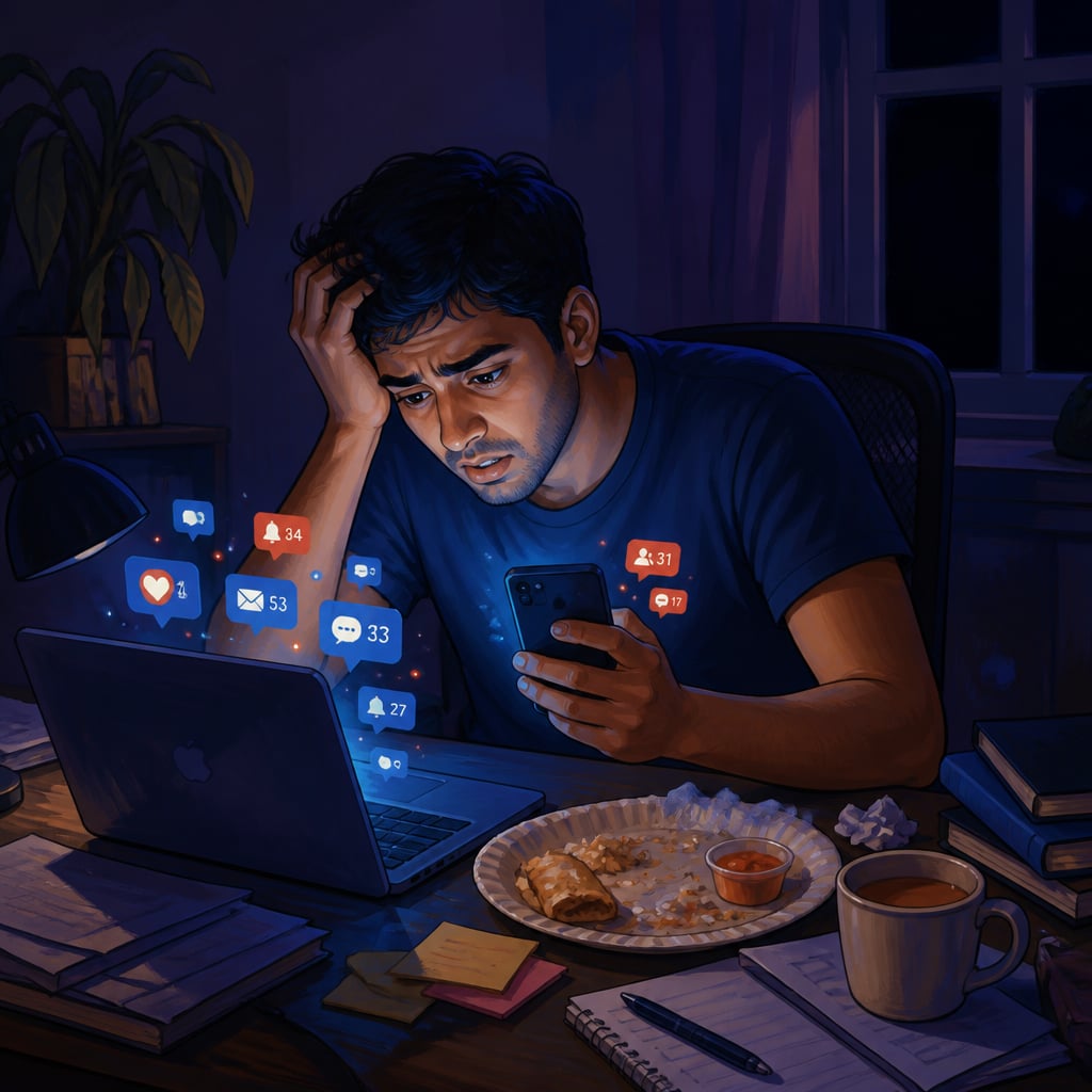 An overwhelmed young professional scrolling a chaotic feed