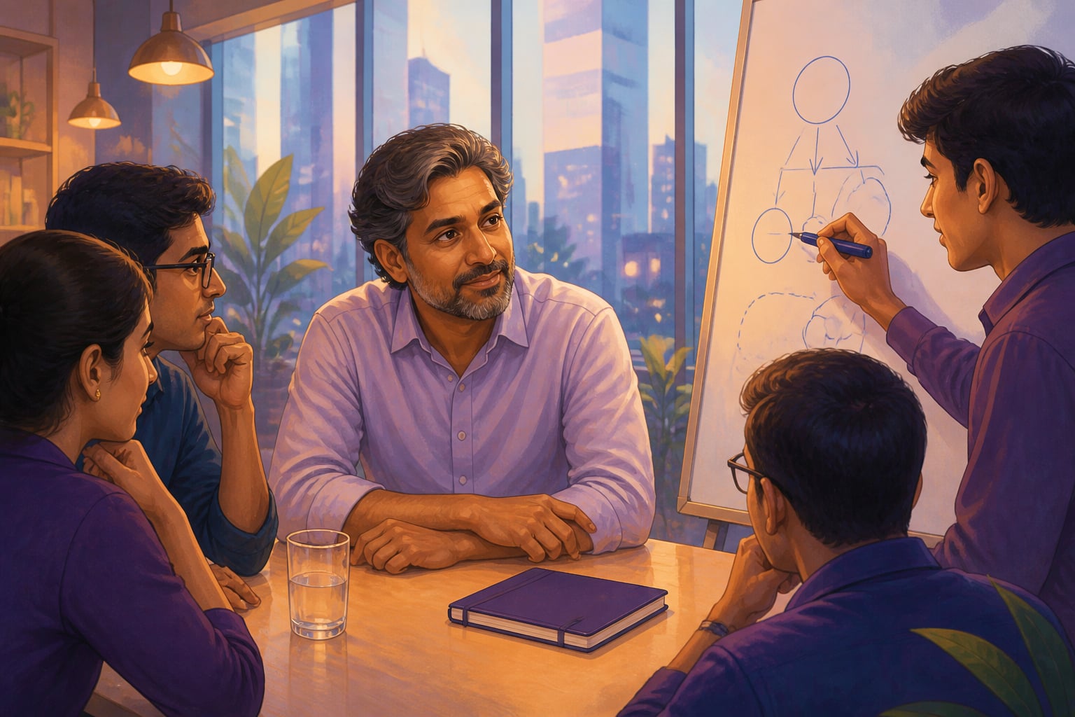 A modern technology leader listening to a junior engineer in an open meeting