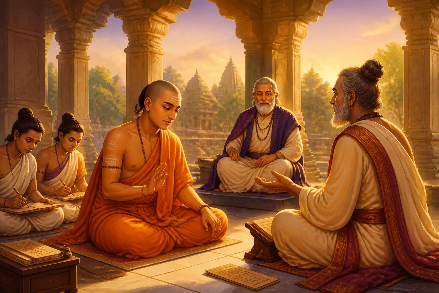 Adi Shankaracharya yielding a point in debate with Mandana Mishra