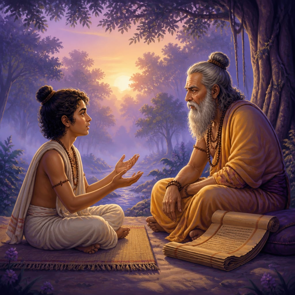 Young rishi student asking his elder teacher a sincere question at dawn in a forest clearing