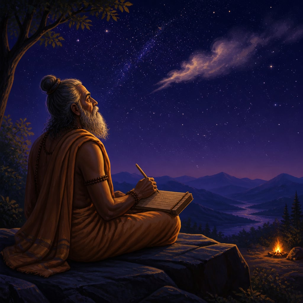 Elder rishi composing the Nasadiya Sukta alone on a mountain rock at midnight