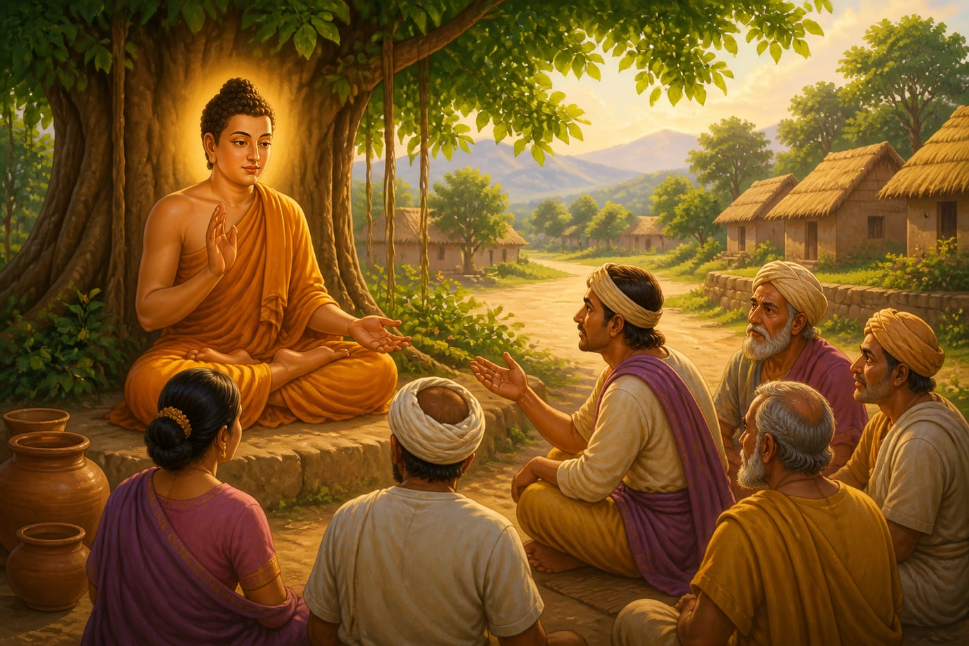 The Buddha teaching the Kalama Sutta under a banyan tree