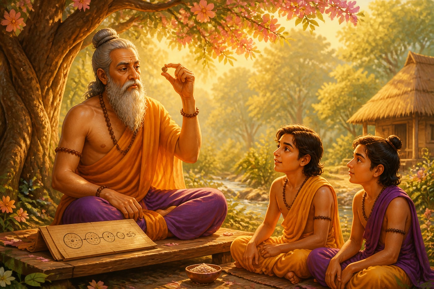 Kaṇāda contemplating the smallest paramāṇu in a grain of sand