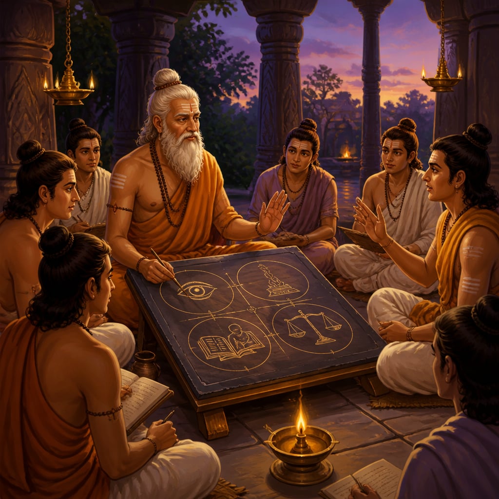 Senior rishi tracing the four pramanas before students in an open mandapa