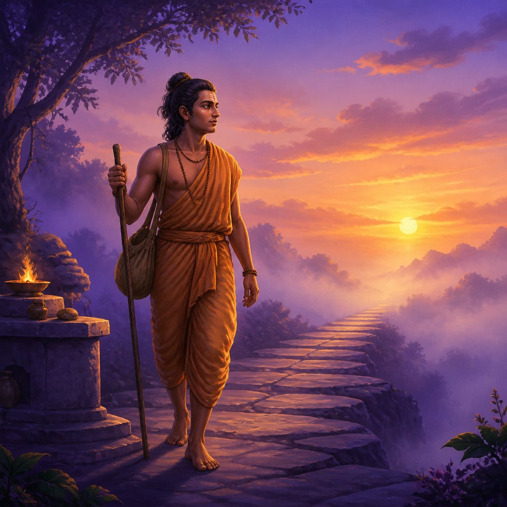 Vedic figure in ochre cloth stepping calmly onto a stone path fading into mist at dawn