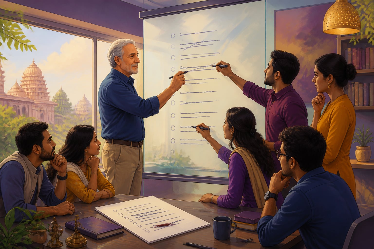 Ray Dalio revising his evolving principles with a team at a glass whiteboard