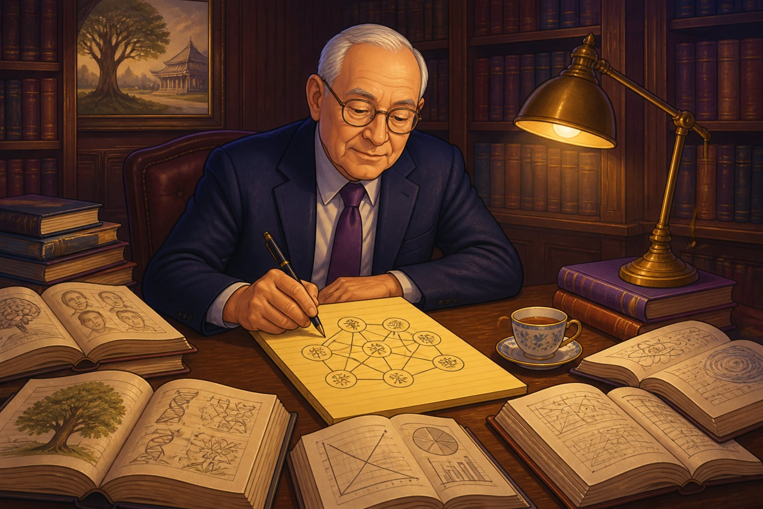 Charlie Munger building a latticework of mental models at his desk