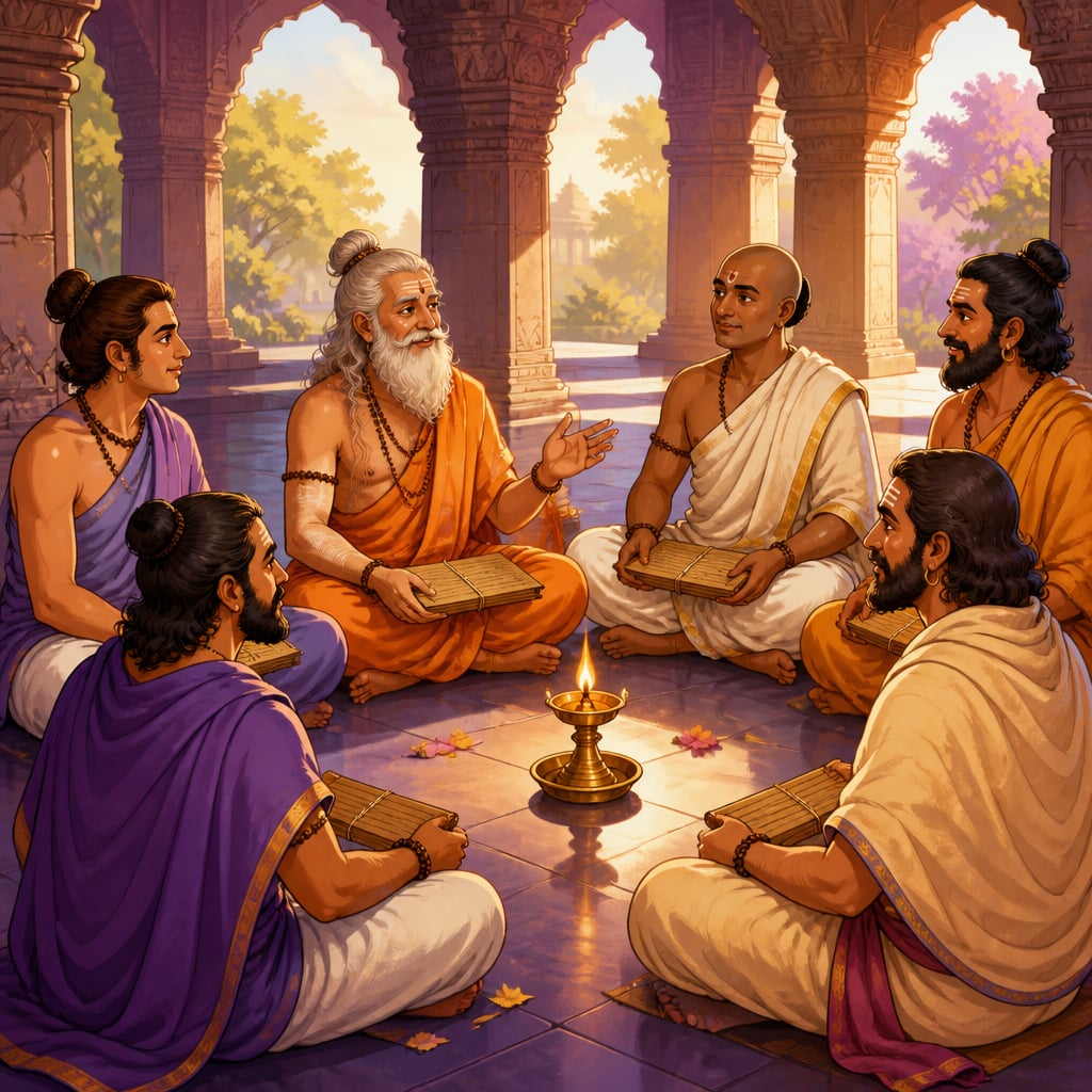 Six classical darshana representatives seated in a respectful circle in a pillared hall
