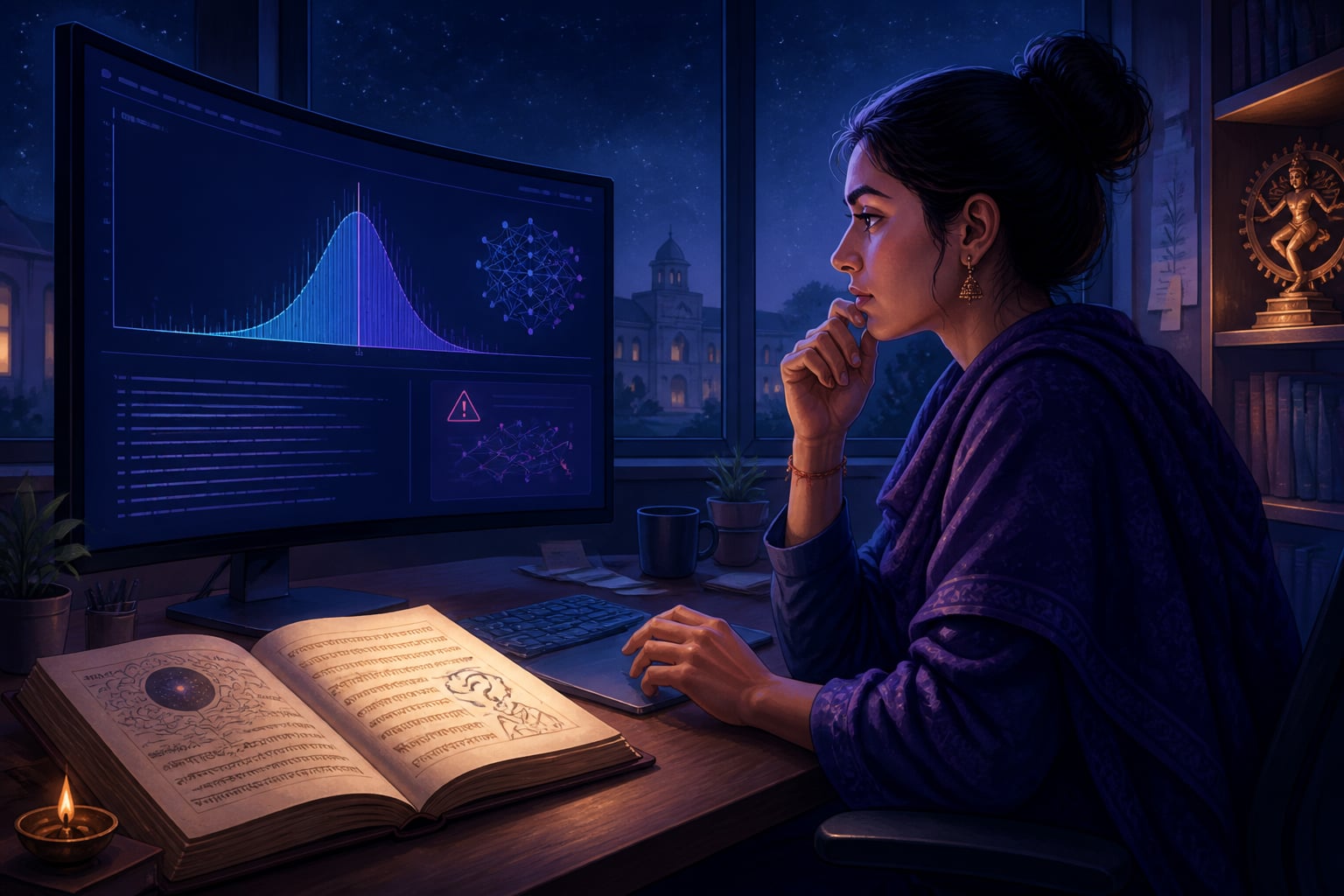 AI engineer weighing a language model's probability outputs against the Nasadiya Sukta