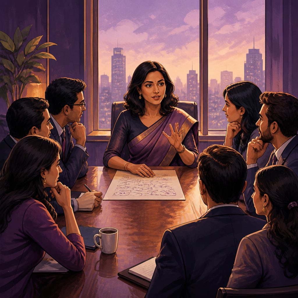 South Asian leader in a quiet boardroom calmly saying she does not know yet