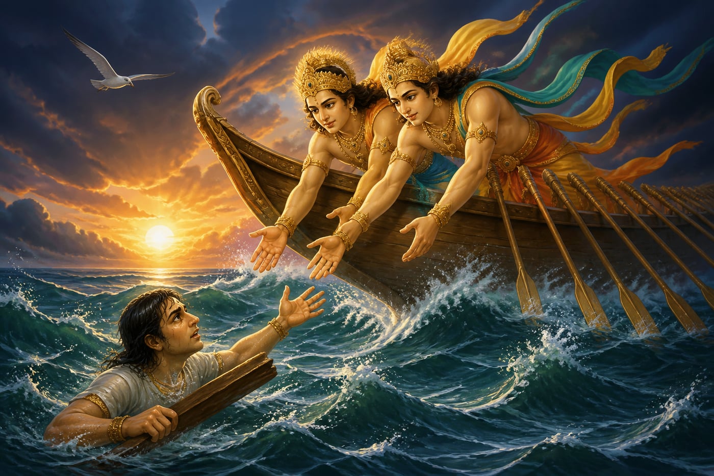 Ashvins rescuing Bhujyu from the storm-tossed sea