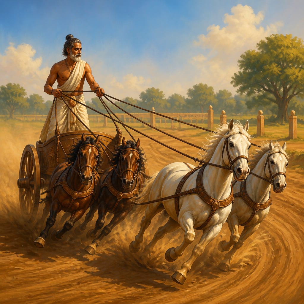 Charioteer adjusting reins on two horses