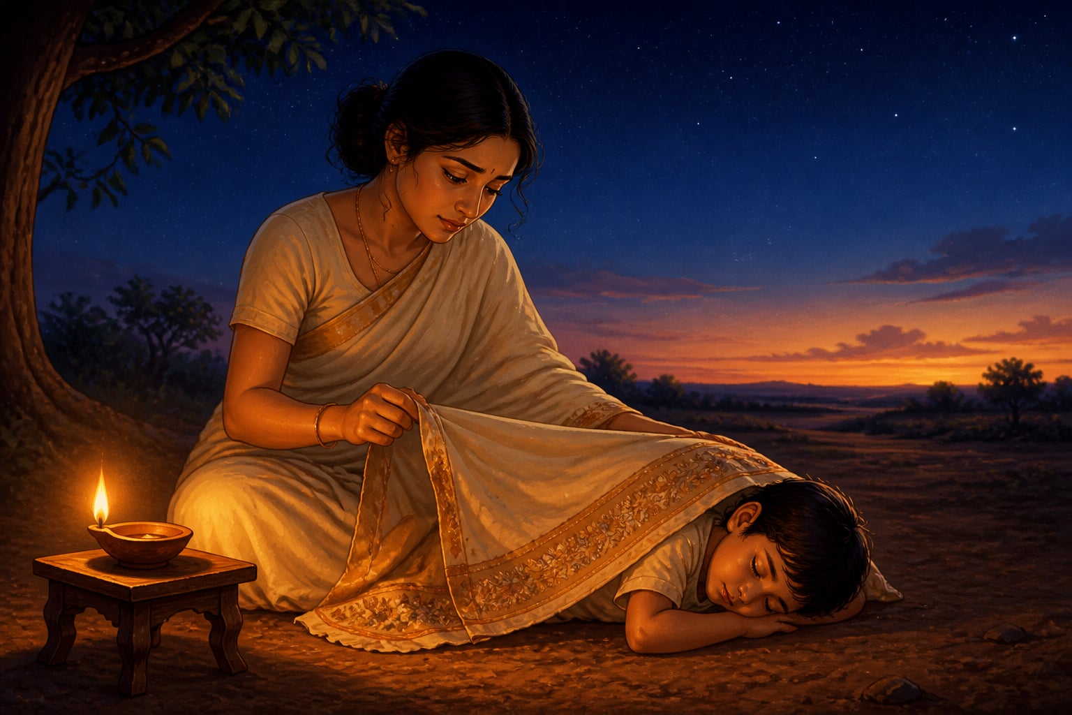 A mother covering her sleeping child with her garment