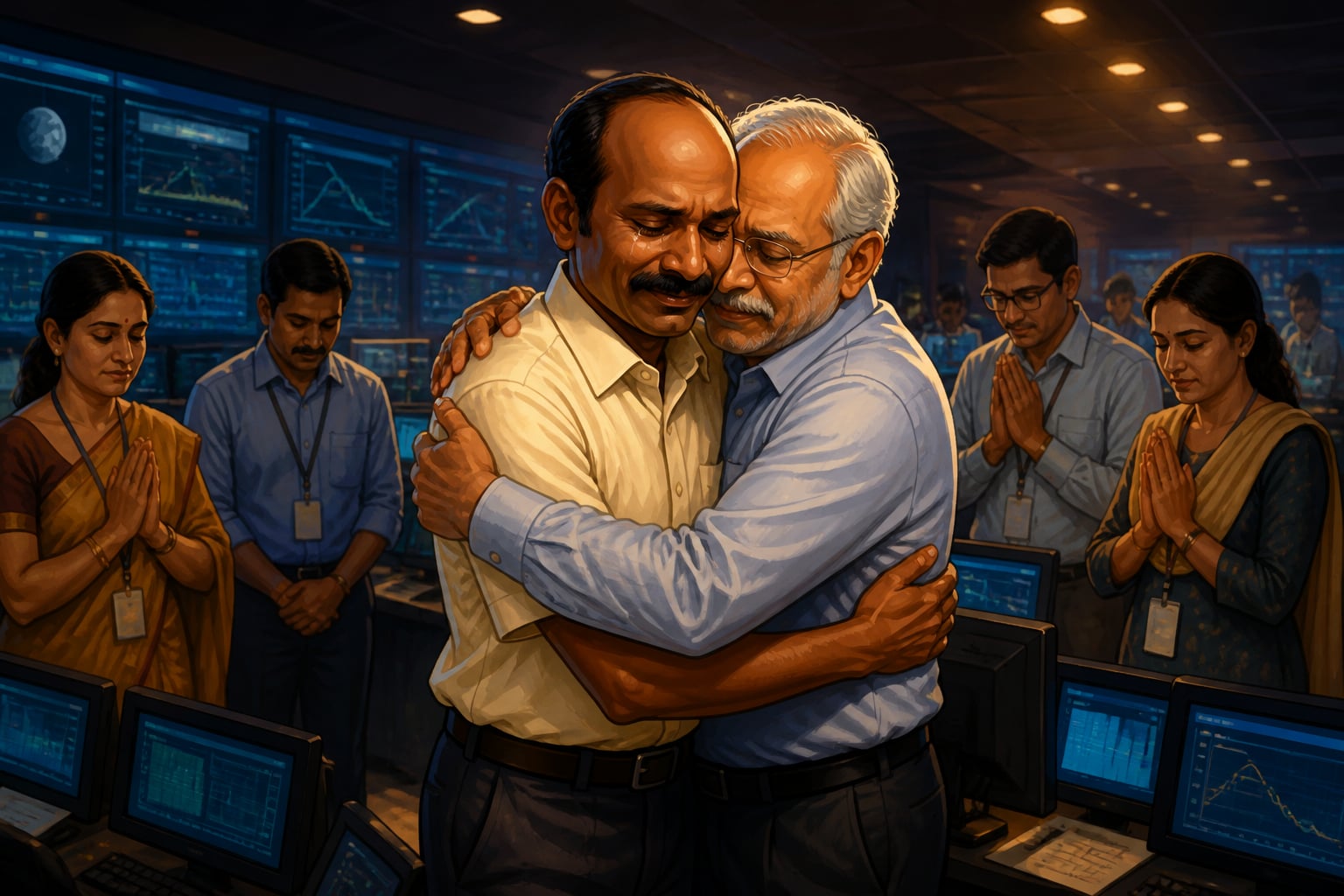 K Sivan embraced inside the ISRO control room