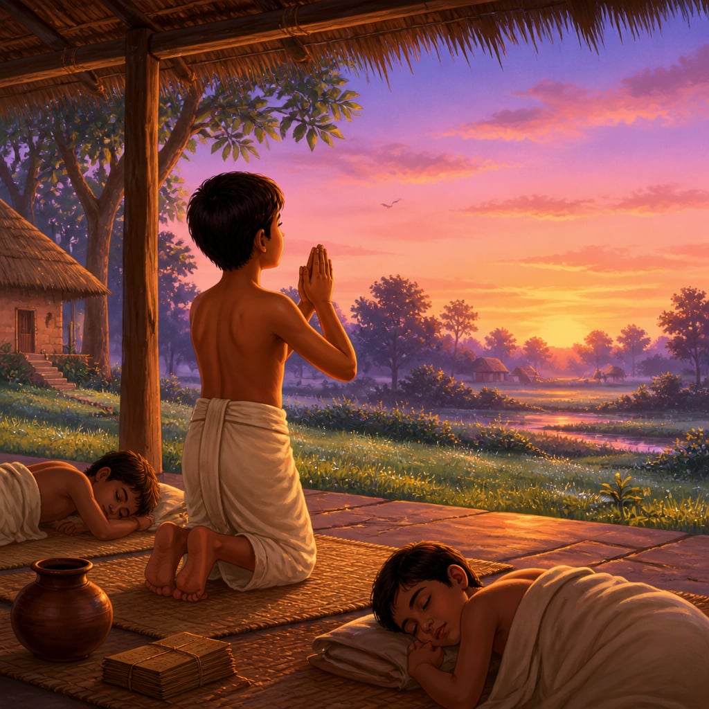 Boy waking before dawn at the ashram