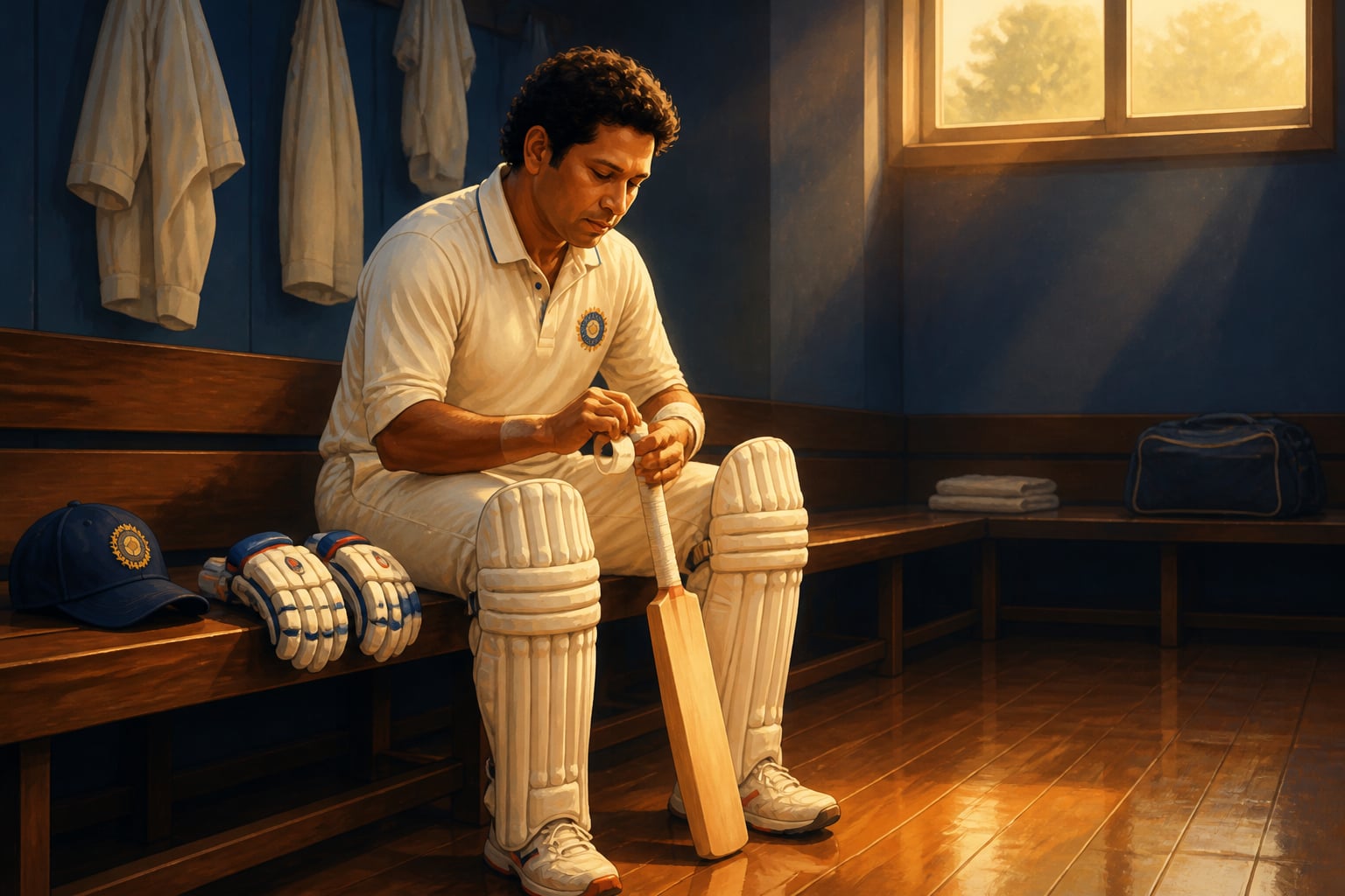 Tendulkar quietly taping his bat before play