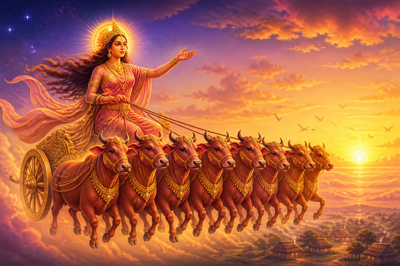 Ushas in her dawn chariot crossing the sky