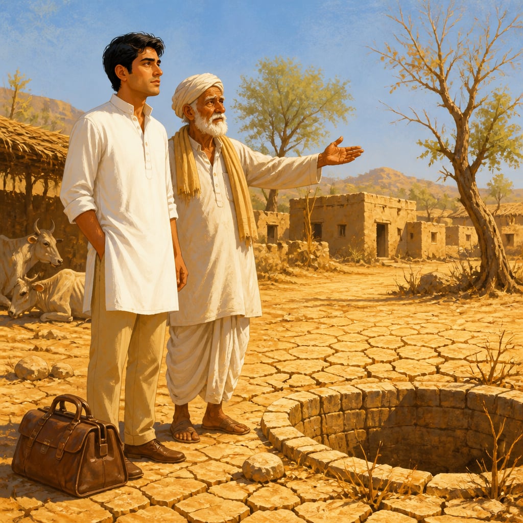 Doctor meeting villagers in dry Rajasthan