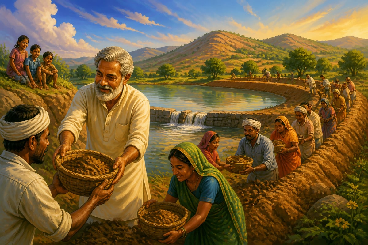 Singh and villagers building a johad together