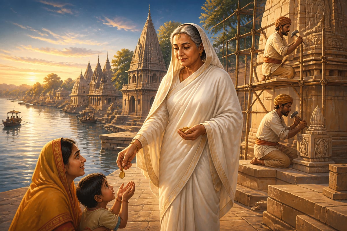 Ahilyabai walking the ghat of rising temples