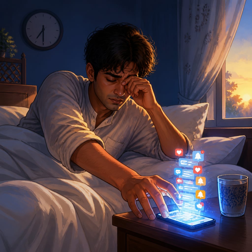 Modern person overwhelmed by phone notifications