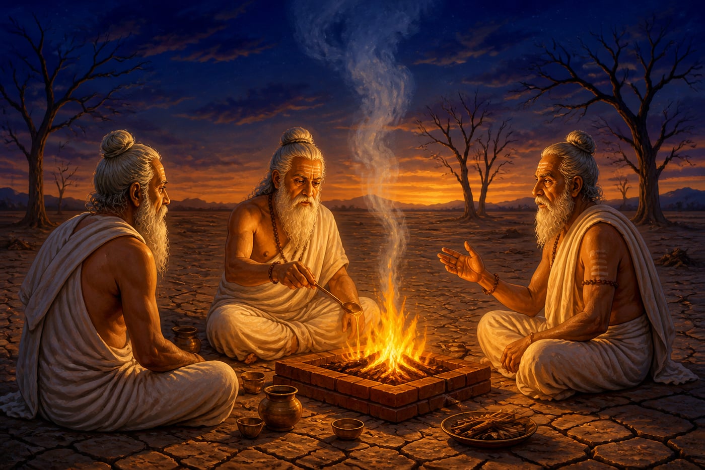 Rishis around a yajna fire on a famine-dry plain