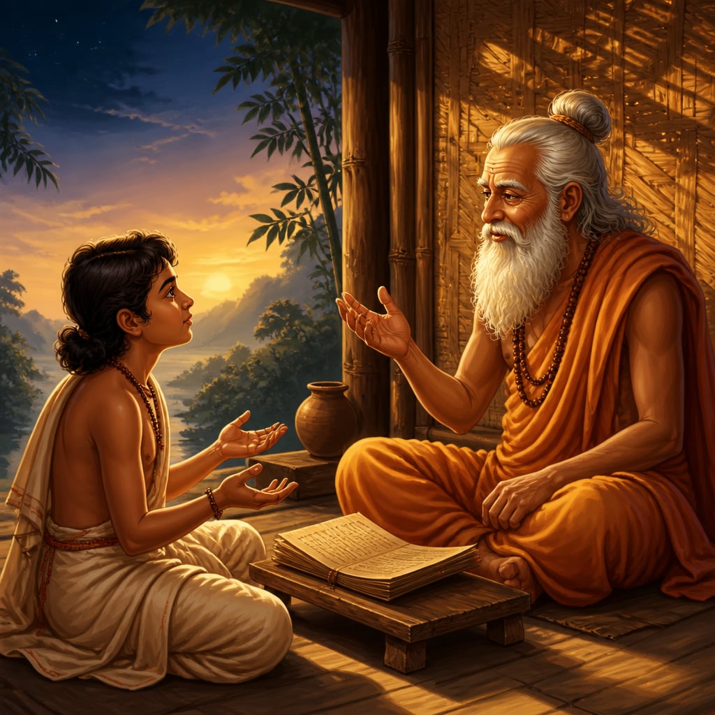 Vedic student and his guru at dawn discussing the mind's light and darkness