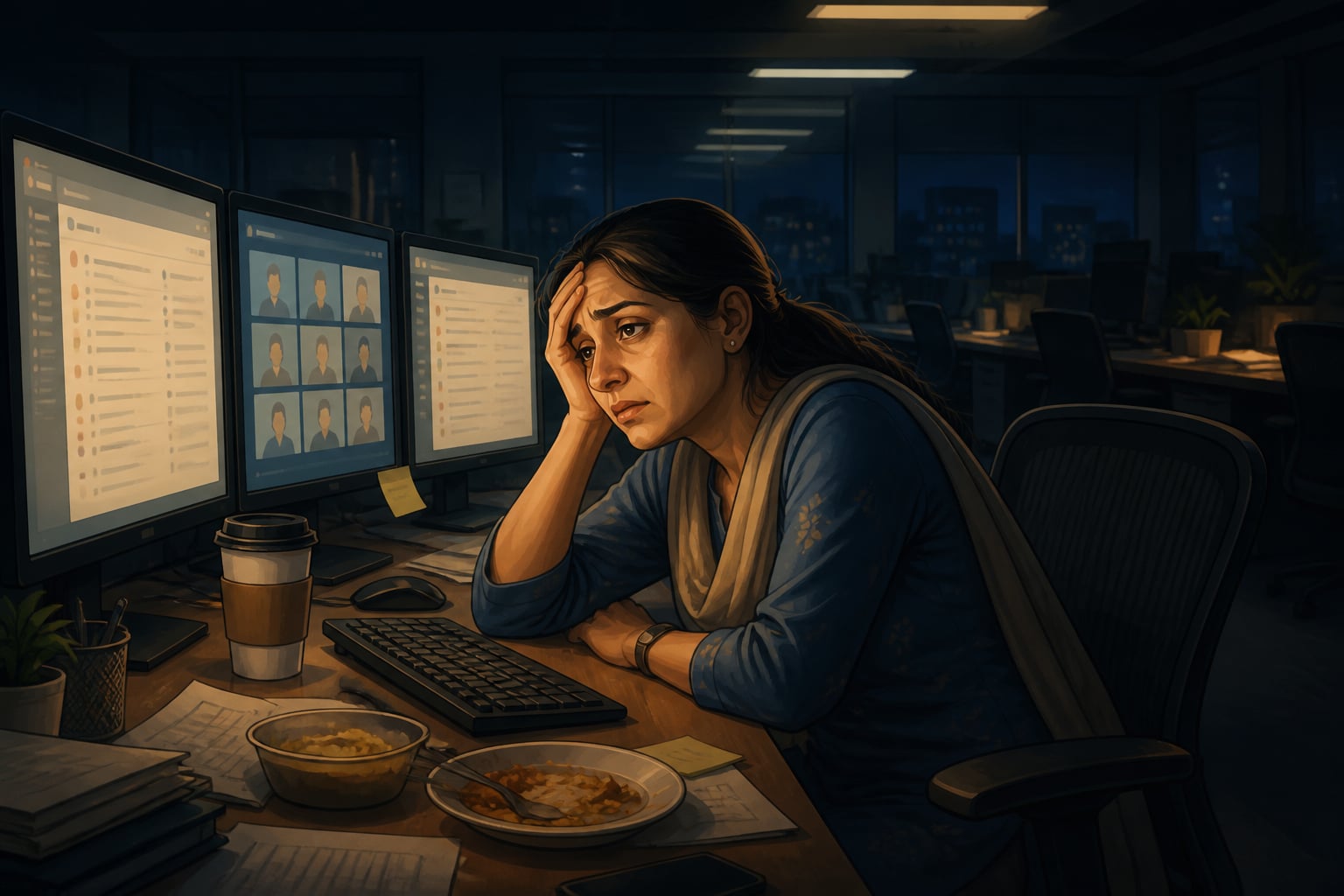 Exhausted professional alone at her office desk at night