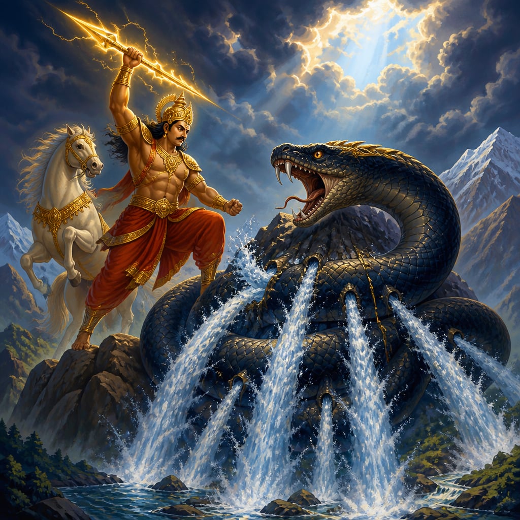 Indra striking Vritra with the vajra as cosmic waters break free