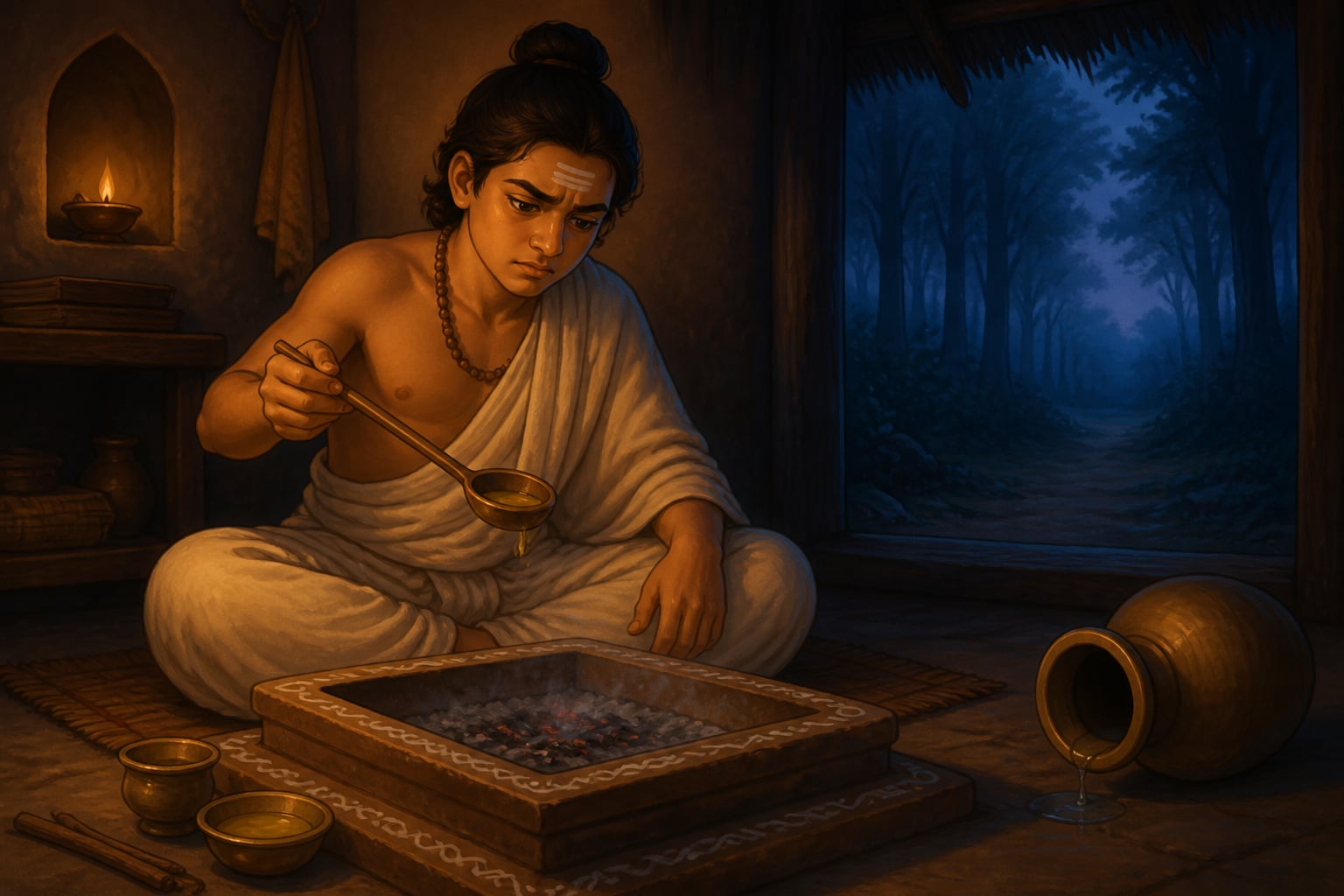 Young Rishi seated before a stilled hearth fire
