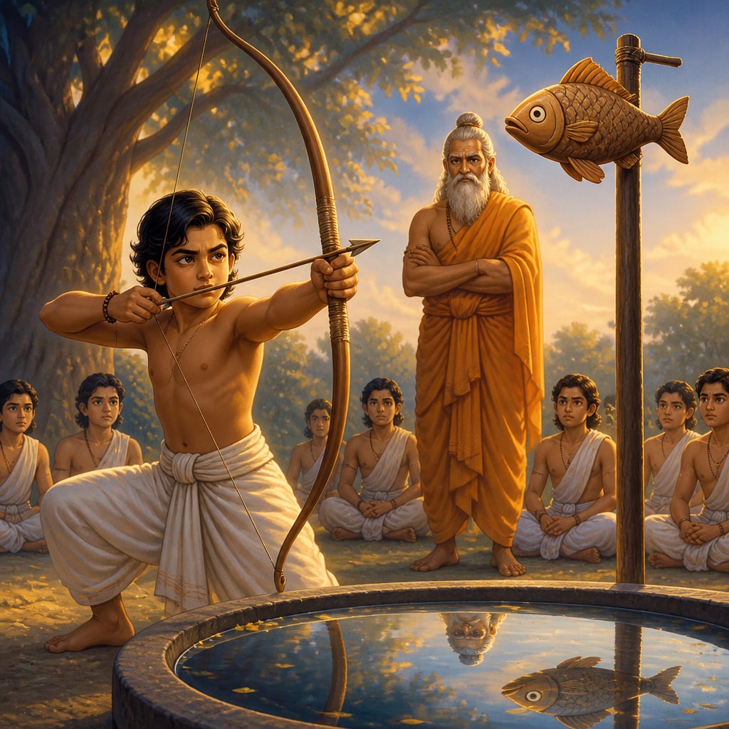 Young Arjuna aiming at the fish eye with one-pointed focus