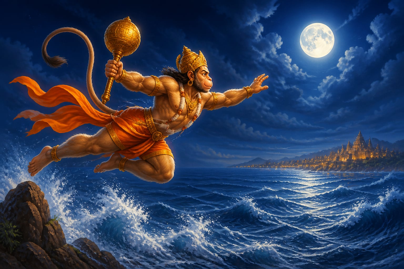 Hanuman leaping across the moonlit ocean to Lanka
