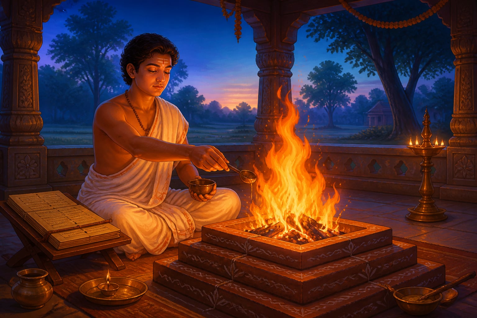 Young priest steady at his long fire vigil