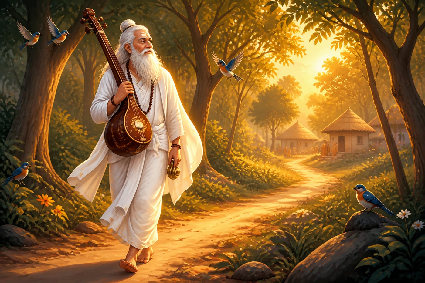 Sage Narada walking with his tanpura at golden hour