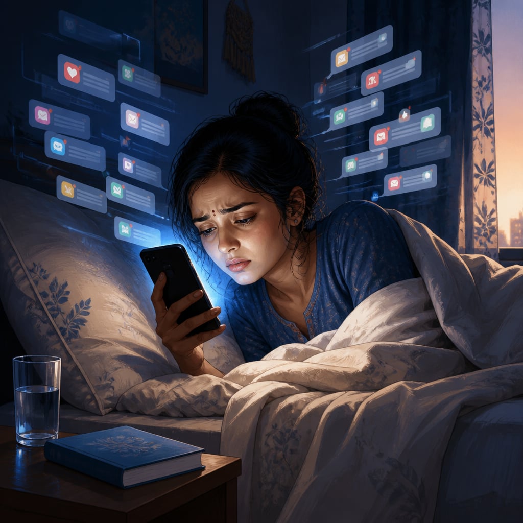 Modern woman in bed overwhelmed by notifications at dawn