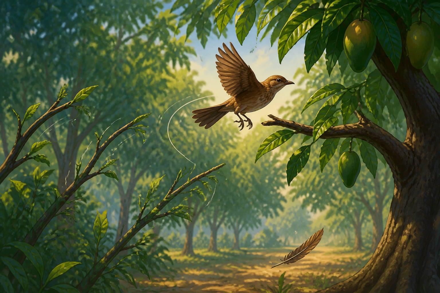A restless bird darting between forest branches