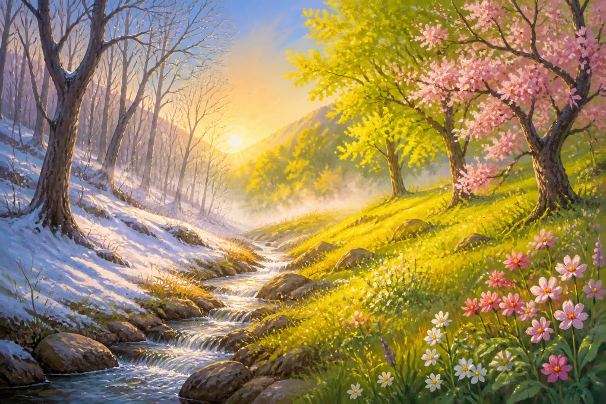 A forest hillside turning from winter into spring