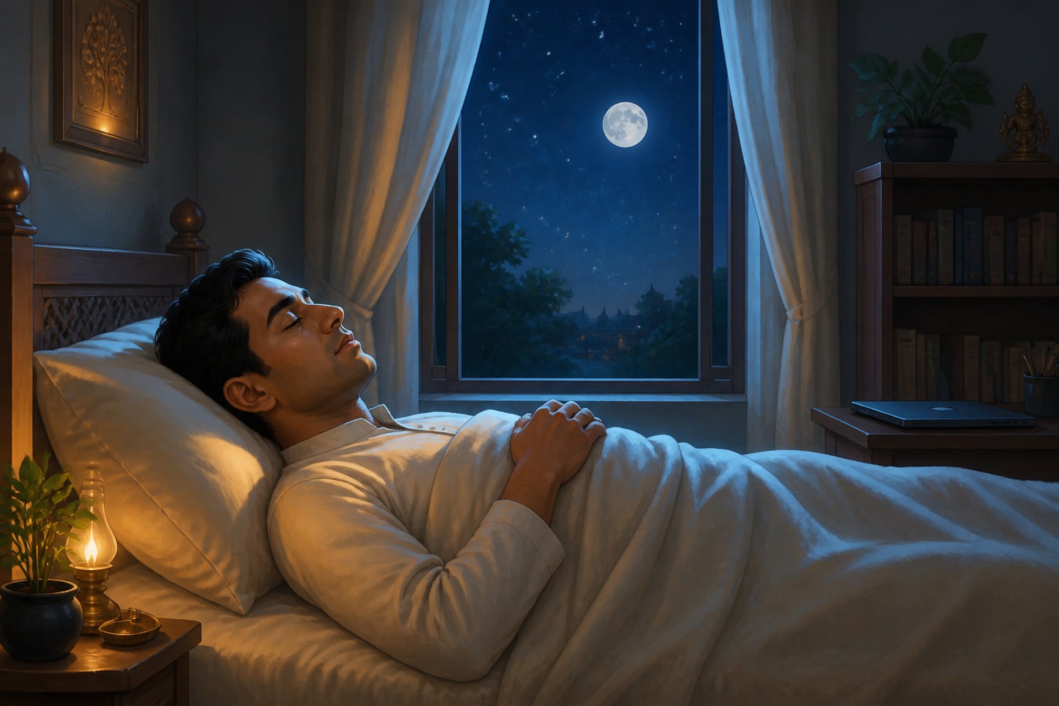 Sleeping figure beneath moonlight and patient stars