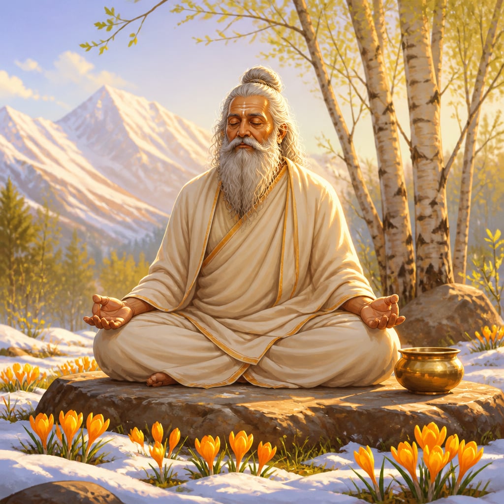 Old forest Rishi in meditation as spring grace returns to the clearing