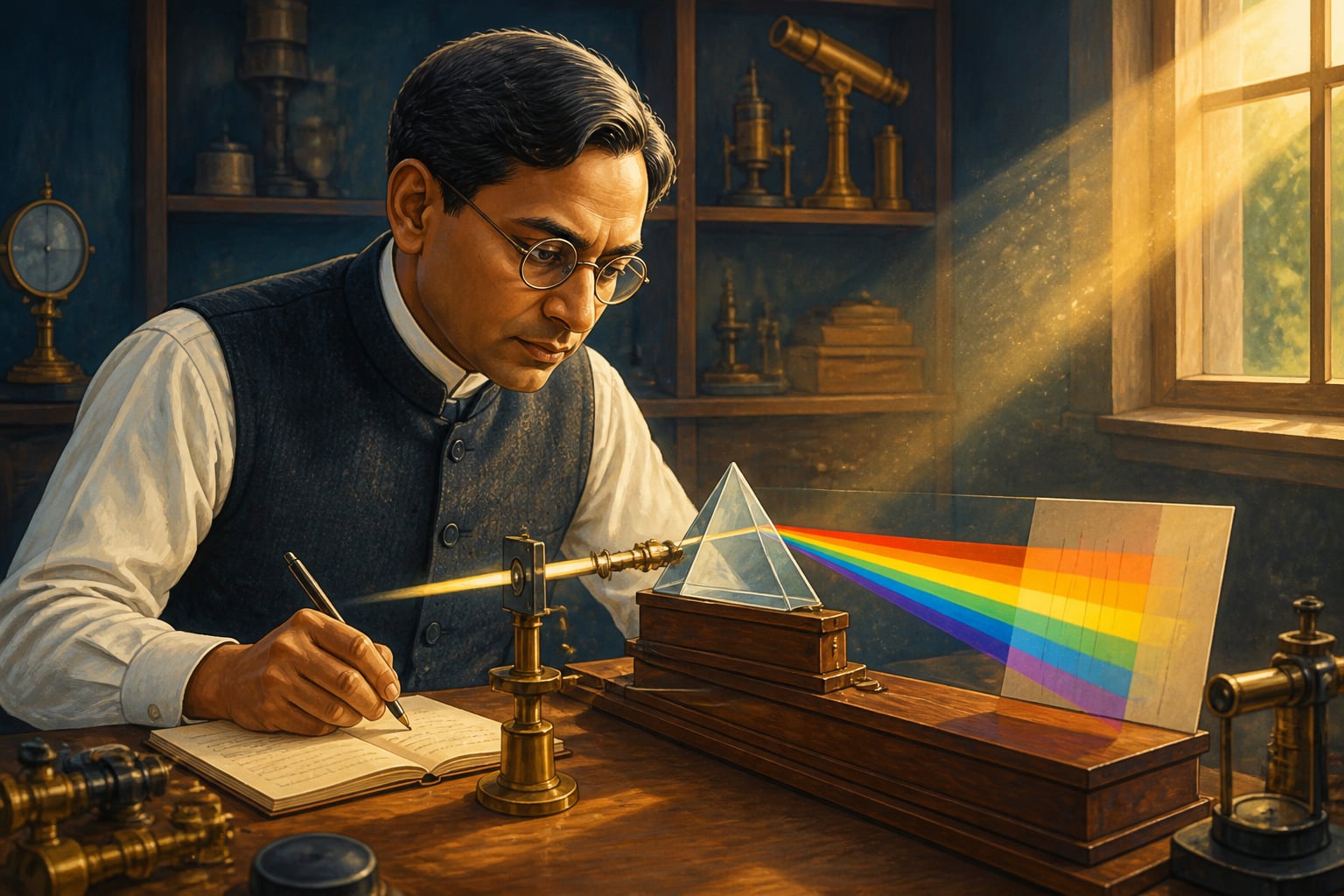 C V Raman splitting light through a glass prism