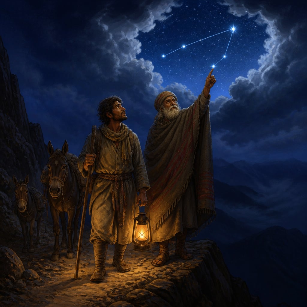 Traveler and mountain guide walking a ridge path by faint starlight