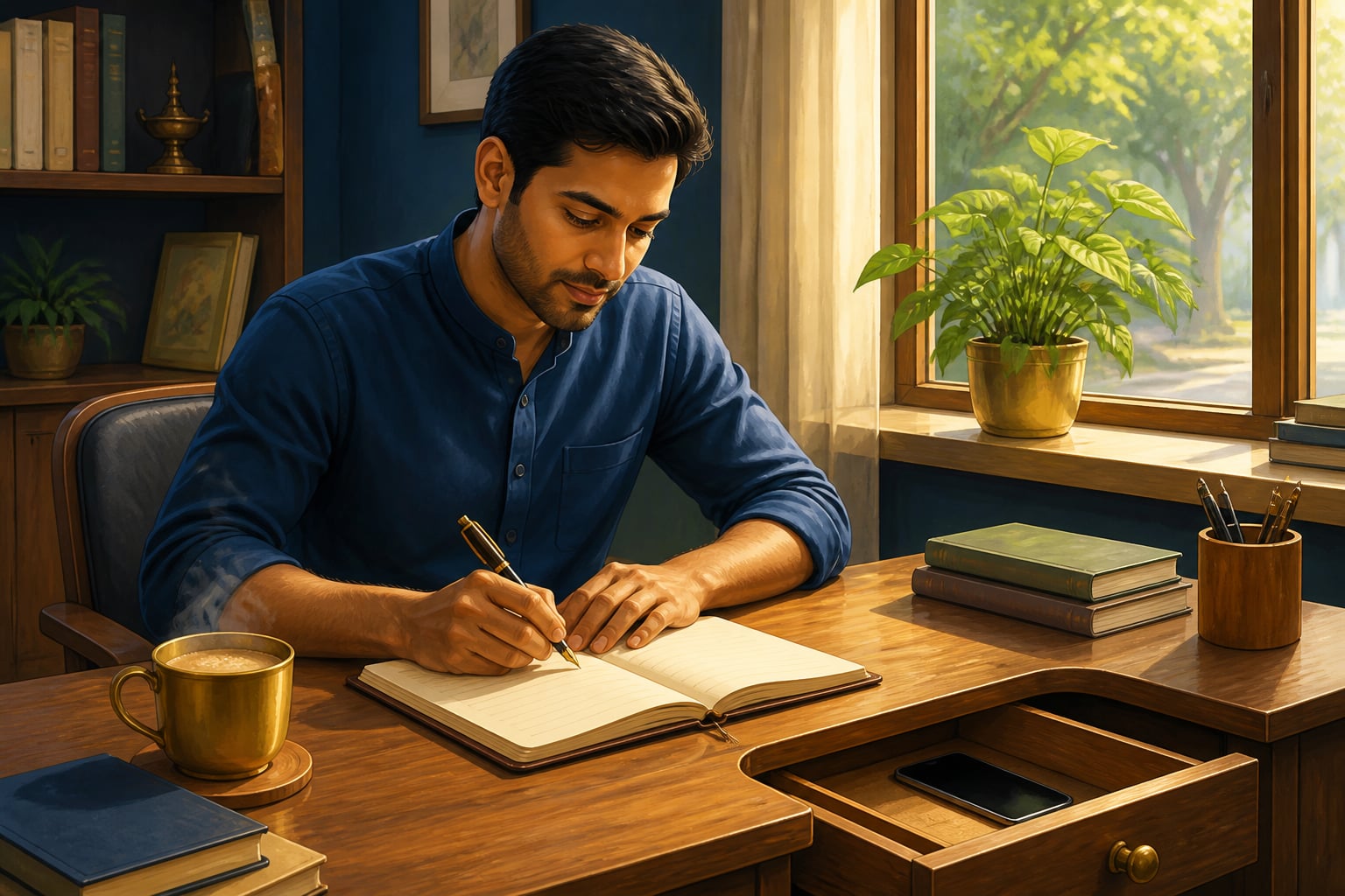 Focused professional doing deep work at his home desk